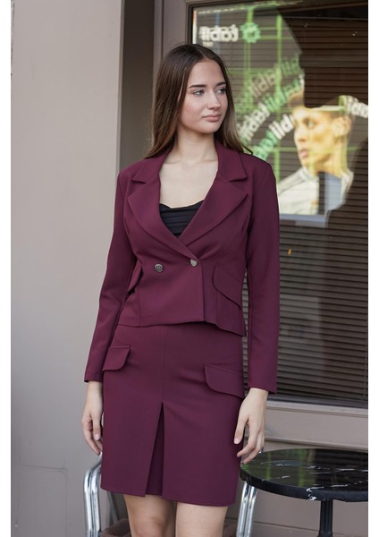 Kadın Hafif Esnek Kumaş Yakalı Cep Kapaklı Uzun Kol Düğmeli Blazer Ceket-Bordo modelleri