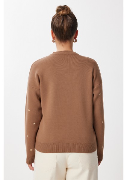 Kalp Nakışlı Şık Düğmeli Triko Hırka LNX0008 Kahverengi indirimleri