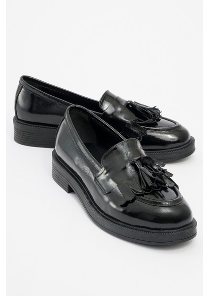 Milina Siyah Rugan Püsküllü Hakiki Deri Kadın Loafer Ayakkabı