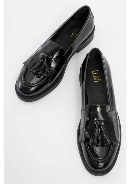 Milina Siyah Rugan Püsküllü Hakiki Deri Kadın Loafer Ayakkabı fiyatları