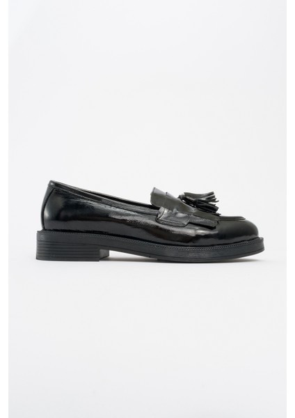 Milina Siyah Rugan Püsküllü Hakiki Deri Kadın Loafer Ayakkabı modelleri