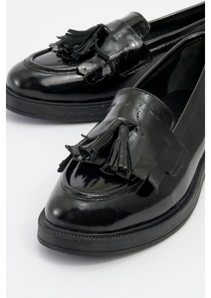 Milina Siyah Rugan Püsküllü Hakiki Deri Kadın Loafer Ayakkabı fırsatları