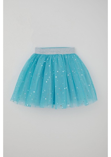 Kız Çocuk Tütü Etek Gümüş Yıldız & Ay Desenli 5-10 Yaş, Mavi