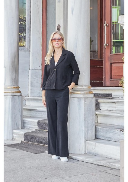 Kadın Kadife Likralı Esnek Yumuşak Dokulu Yüksek Bel Yan Cepli Bol Paça Palazzo Pantolon-Siyah fiyatları