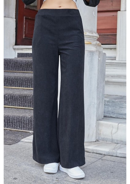 Kadın Kadife Likralı Esnek Yumuşak Dokulu Yüksek Bel Yan Cepli Bol Paça Palazzo Pantolon-Siyah modelleri