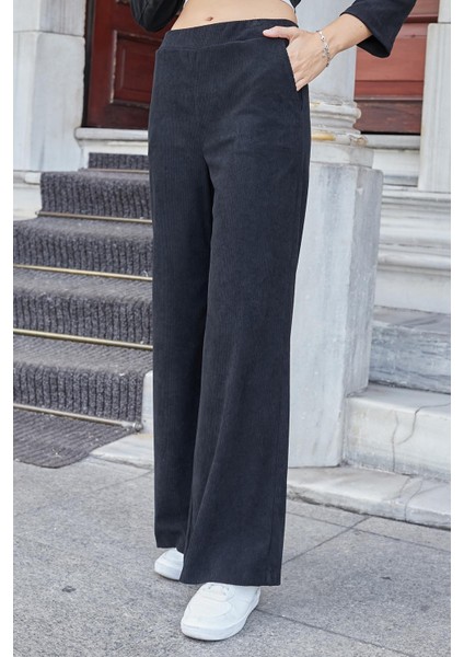 Kadın Kadife Likralı Esnek Yumuşak Dokulu Yüksek Bel Yan Cepli Bol Paça Palazzo Pantolon-Siyah fırsatları