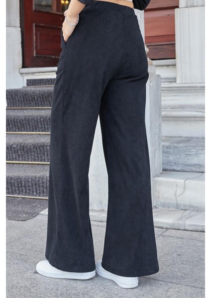 Kadın Kadife Likralı Esnek Yumuşak Dokulu Yüksek Bel Yan Cepli Bol Paça Palazzo Pantolon-Siyah indirimleri
