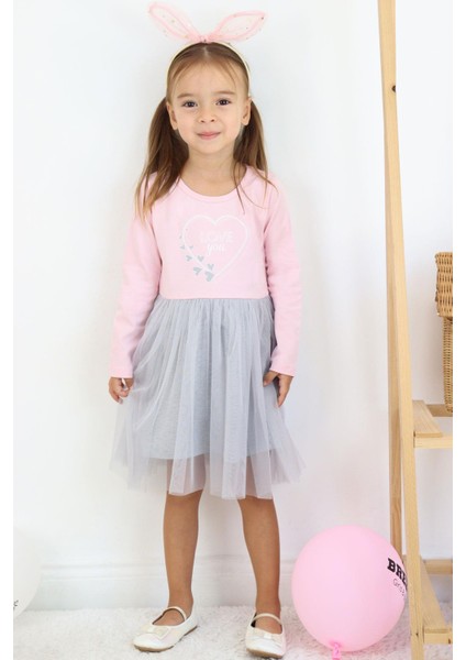 Kız Çocuk Uzun Kollu Elbise Yazı Baskılı Kalpli 1.5-5 Yaş, Pembe