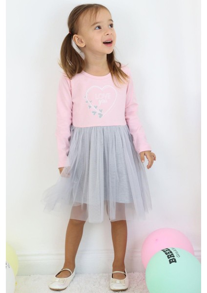 Kız Çocuk Uzun Kollu Elbise Yazı Baskılı Kalpli 1.5-5 Yaş, Pembe fiyatları