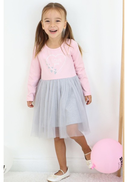 Kız Çocuk Uzun Kollu Elbise Yazı Baskılı Kalpli 1.5-5 Yaş, Pembe modelleri