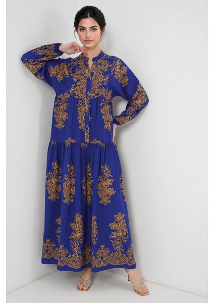 Kadın BDART Düğmeli V Yaka Desenli Maxi Elbise Blue