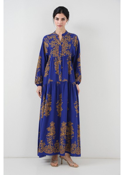 Kadın BDART Düğmeli V Yaka Desenli Maxi Elbise Blue modelleri