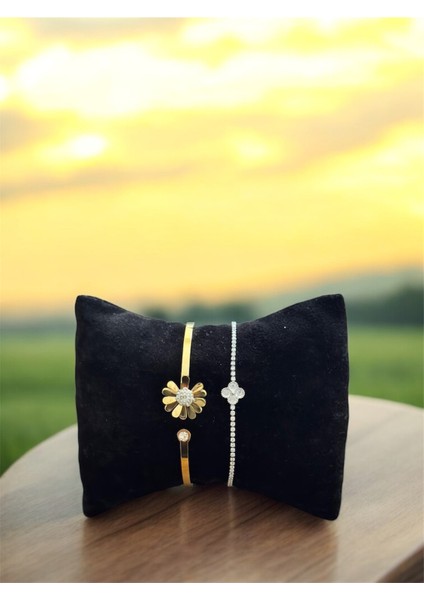 Papatya Motifli Paslanmaz Çelik Bileklik Kombini CNS0026