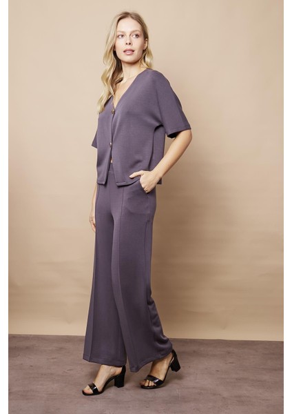 Kadın 1.sınıf Kaliteli Modal Esnek Kumaş Yüksek Bel Önden Dikişli Yan Cepli Bol Paça Palazzo Pantolon-Antrasit fırsatları