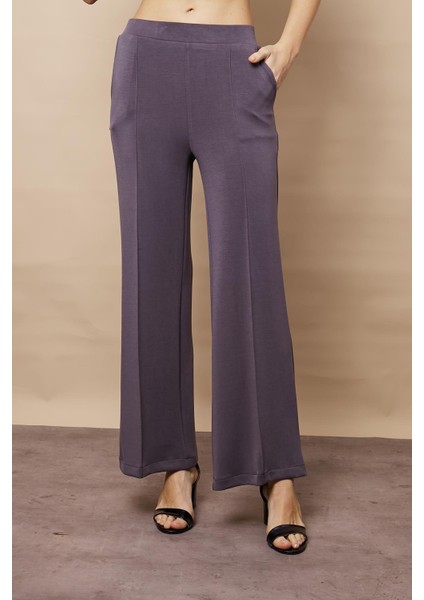 Kadın 1.sınıf Kaliteli Modal Esnek Kumaş Yüksek Bel Önden Dikişli Yan Cepli Bol Paça Palazzo Pantolon-Antrasit indirimleri