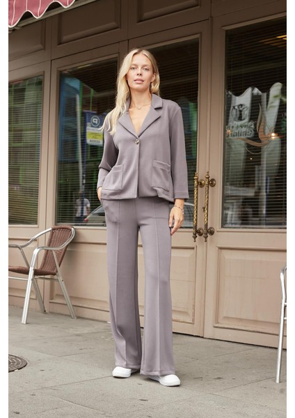 Kadın Ipeksi Esnek Kalın Modal Kumaş Yüksek Bel Önden Dikişli Cepli Bol Paça Palazzo Pantolon-Gri fiyatları