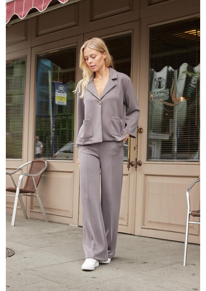 Kadın Ipeksi Esnek Kalın Modal Kumaş Yüksek Bel Önden Dikişli Cepli Bol Paça Palazzo Pantolon-Gri modelleri