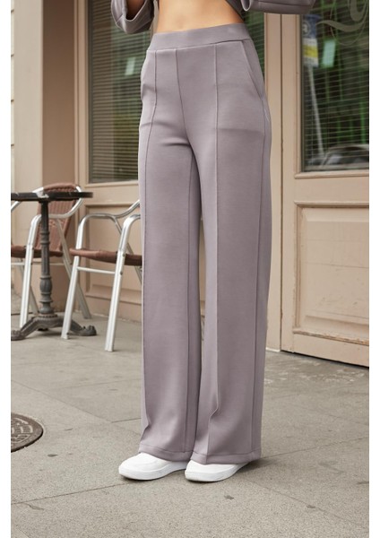 Kadın Ipeksi Esnek Kalın Modal Kumaş Yüksek Bel Önden Dikişli Cepli Bol Paça Palazzo Pantolon-Gri fırsatları