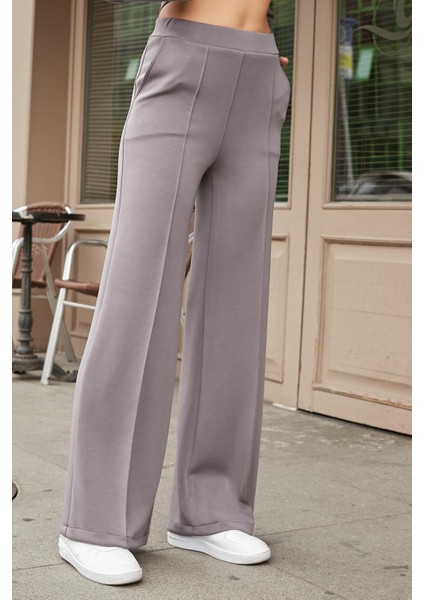 Kadın Ipeksi Esnek Kalın Modal Kumaş Yüksek Bel Önden Dikişli Cepli Bol Paça Palazzo Pantolon-Gri indirimleri