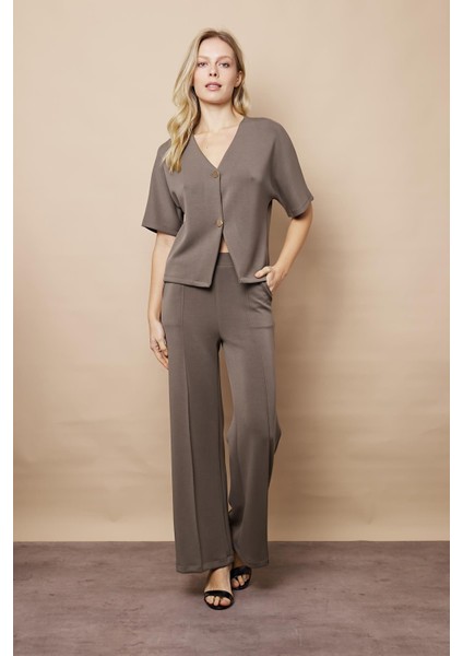 Kadın 1.sınıf Kaliteli Modal Esnek Kumaş Yüksek Bel Önden Dikişli Yan Cepli Bol Paça Palazzo Pantolon-Haki modelleri