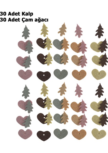 Simli Eva Yılbaşı Hediye Paket Sallantı Süsü 30'ar Adet Çam Ağacı ve Kalp