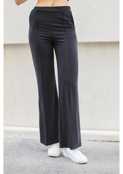 Kadın Ipeksi Modal Esnek Kumaş Yüksek Bel Önden Dikişli Yan Cepli Bol Paça Palazzo Pantolon-Siyah