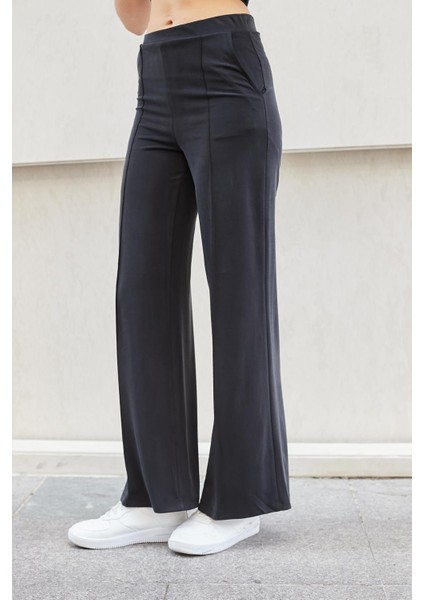 Kadın Ipeksi Modal Esnek Kumaş Yüksek Bel Önden Dikişli Yan Cepli Bol Paça Palazzo Pantolon-Siyah fiyatları