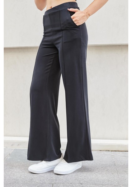 Kadın Ipeksi Modal Esnek Kumaş Yüksek Bel Önden Dikişli Yan Cepli Bol Paça Palazzo Pantolon-Siyah modelleri