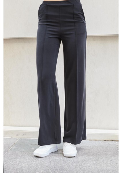 Kadın Ipeksi Modal Esnek Kumaş Yüksek Bel Önden Dikişli Yan Cepli Bol Paça Palazzo Pantolon-Siyah fırsatları
