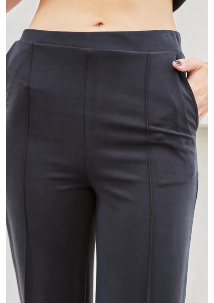 Kadın Ipeksi Modal Esnek Kumaş Yüksek Bel Önden Dikişli Yan Cepli Bol Paça Palazzo Pantolon-Siyah indirimleri