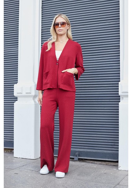 Kadın Ipeksi Dokulu Esnek Modal Kumaş Taş Baskılı Beli Lastikli Bol Paça Palazzo Pantolon-Bordo