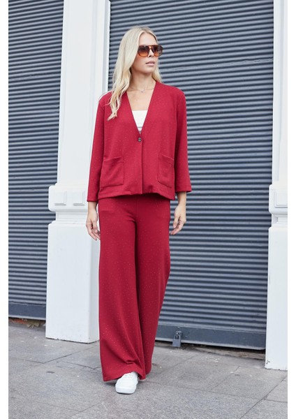 Kadın Ipeksi Dokulu Esnek Modal Kumaş Taş Baskılı Beli Lastikli Bol Paça Palazzo Pantolon-Bordo fiyatları