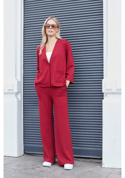 Kadın Ipeksi Dokulu Esnek Modal Kumaş Taş Baskılı Beli Lastikli Bol Paça Palazzo Pantolon-Bordo fırsatları