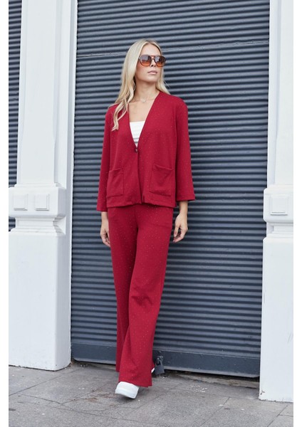 Kadın Ipeksi Dokulu Esnek Modal Kumaş Taş Baskılı Beli Lastikli Bol Paça Palazzo Pantolon-Bordo indirimleri