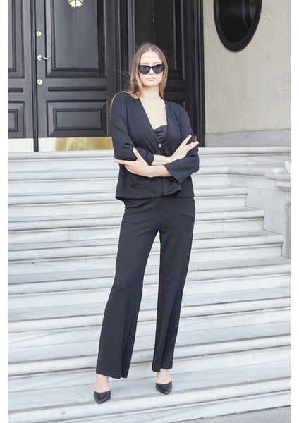 Kadın Ipeksi Dokulu Esnek Modal Kumaş Taş Baskılı Beli Lastikli Bol Paça Palazzo Pantolon-Siyah