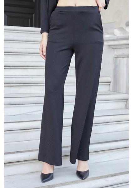 Kadın Ipeksi Dokulu Esnek Modal Kumaş Taş Baskılı Beli Lastikli Bol Paça Palazzo Pantolon-Siyah