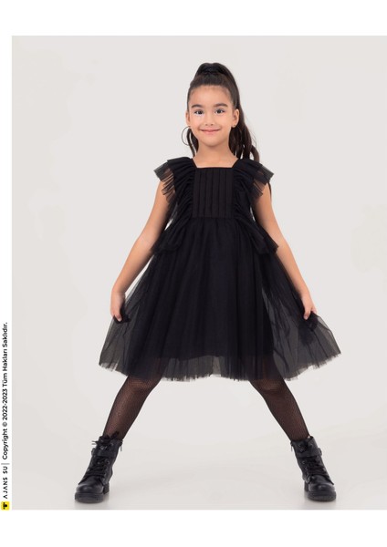 Wednesday Tarzı Siyah Tül Elbise Balo Mezuniyet Kız Çocuk Elbise