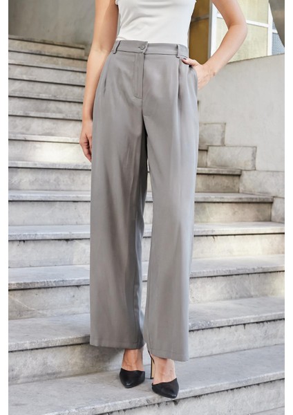 Kadın Ipeksi Modal Yüksek Bel Yan Cepli Pileli Arkası Lastikli Bol Paça Palazzo Pantolon-Antrasit