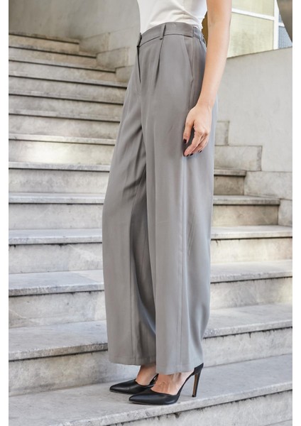 Kadın Ipeksi Modal Yüksek Bel Yan Cepli Pileli Arkası Lastikli Bol Paça Palazzo Pantolon-Antrasit fiyatları