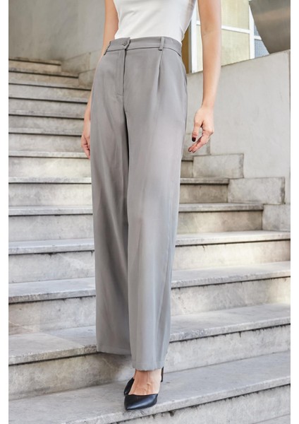 Kadın Ipeksi Modal Yüksek Bel Yan Cepli Pileli Arkası Lastikli Bol Paça Palazzo Pantolon-Antrasit modelleri