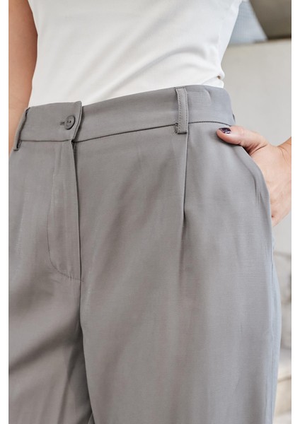 Kadın Ipeksi Modal Yüksek Bel Yan Cepli Pileli Arkası Lastikli Bol Paça Palazzo Pantolon-Antrasit fırsatları