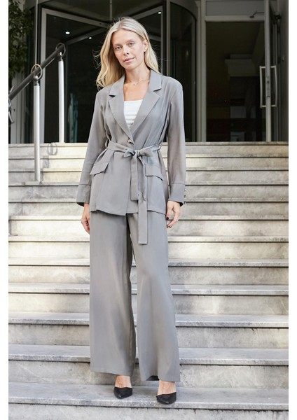 Kadın Ipeksi Modal Yüksek Bel Yan Cepli Pileli Arkası Lastikli Bol Paça Palazzo Pantolon-Antrasit indirimleri