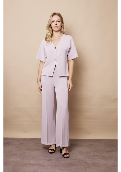 Kadın 1.sınıf Kaliteli Modal Esnek Kumaş Yüksek Bel Önden Dikişli Yan Cepli Bol Paça Palazzo Pantolon-Taş