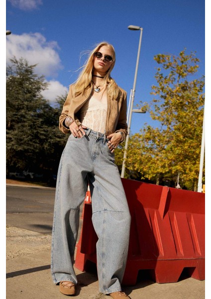 Baggy Fit Yüksek Bel Düz Paça Uzun Jean Pantolon D7964AX25SP