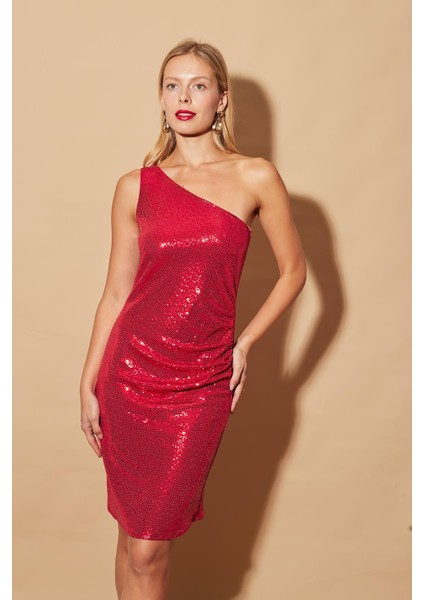 Kadın Likralı Pullu Tek Omuz Yanı Büzgülü Astarlı Abiye Gece Elbise-Kırmızı