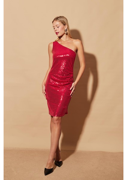 Kadın Likralı Pullu Tek Omuz Yanı Büzgülü Astarlı Abiye Gece Elbise-Kırmızı modelleri