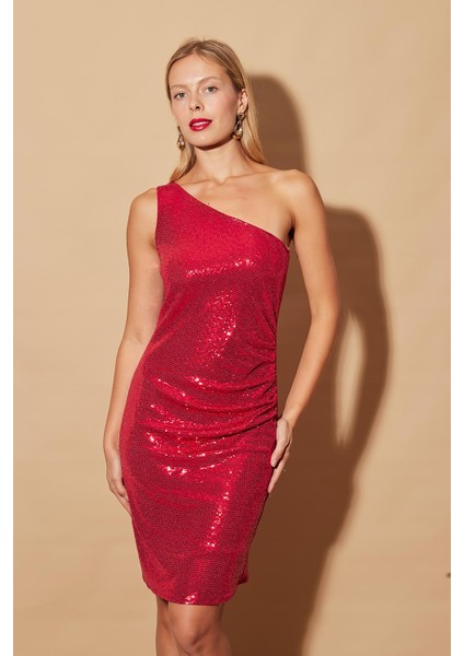 Kadın Likralı Pullu Tek Omuz Yanı Büzgülü Astarlı Abiye Gece Elbise-Kırmızı fırsatları