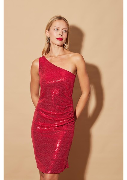 Kadın Likralı Pullu Tek Omuz Yanı Büzgülü Astarlı Abiye Gece Elbise-Kırmızı indirimleri