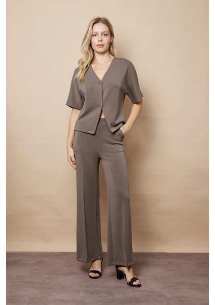 Kadın 1.sınıf Kaliteli Modal Esnek Kumaş Yüksek Bel Önden Dikişli Yan Cepli Bol Paça Palazzo Pantolon-Haki