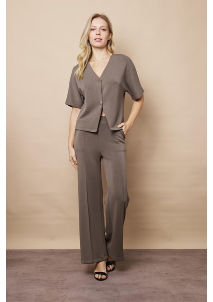 Kadın 1.sınıf Kaliteli Modal Esnek Kumaş Yüksek Bel Önden Dikişli Yan Cepli Bol Paça Palazzo Pantolon-Haki modelleri